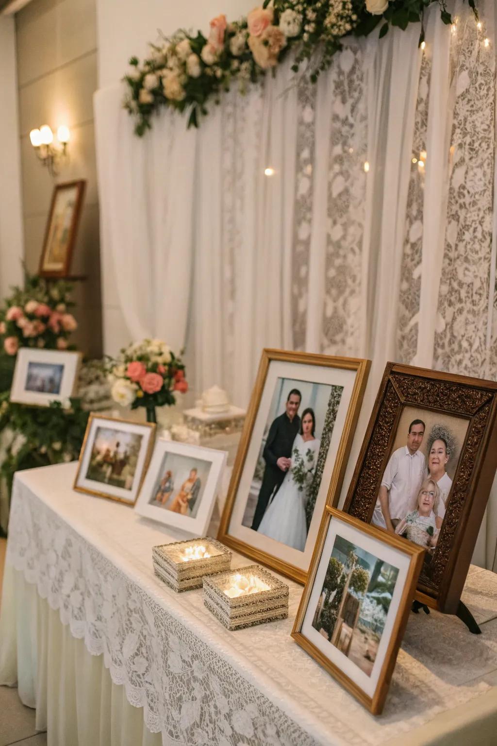 Elegantly framed photographs presented on a memorial table.