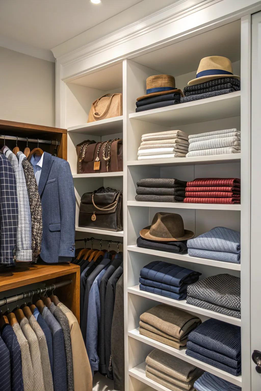 A men's closet featuring open shelving, showcasing a thoughtfully arranged selection of clothing.