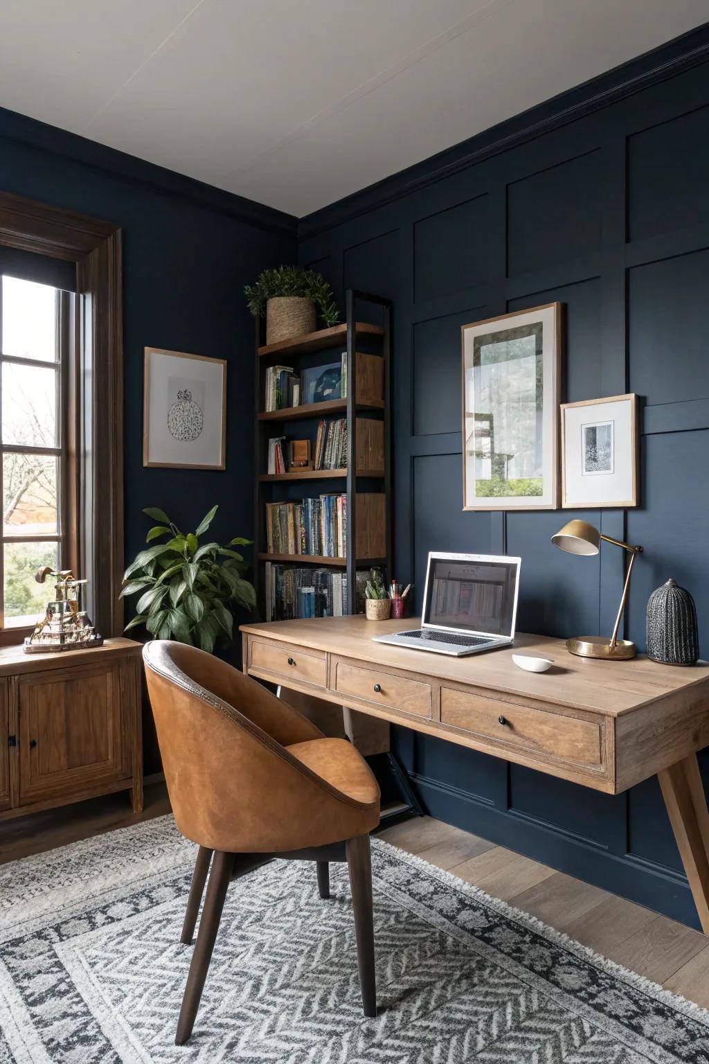 Dark blue walls combined with a sleek wood desk create a serene workspace.