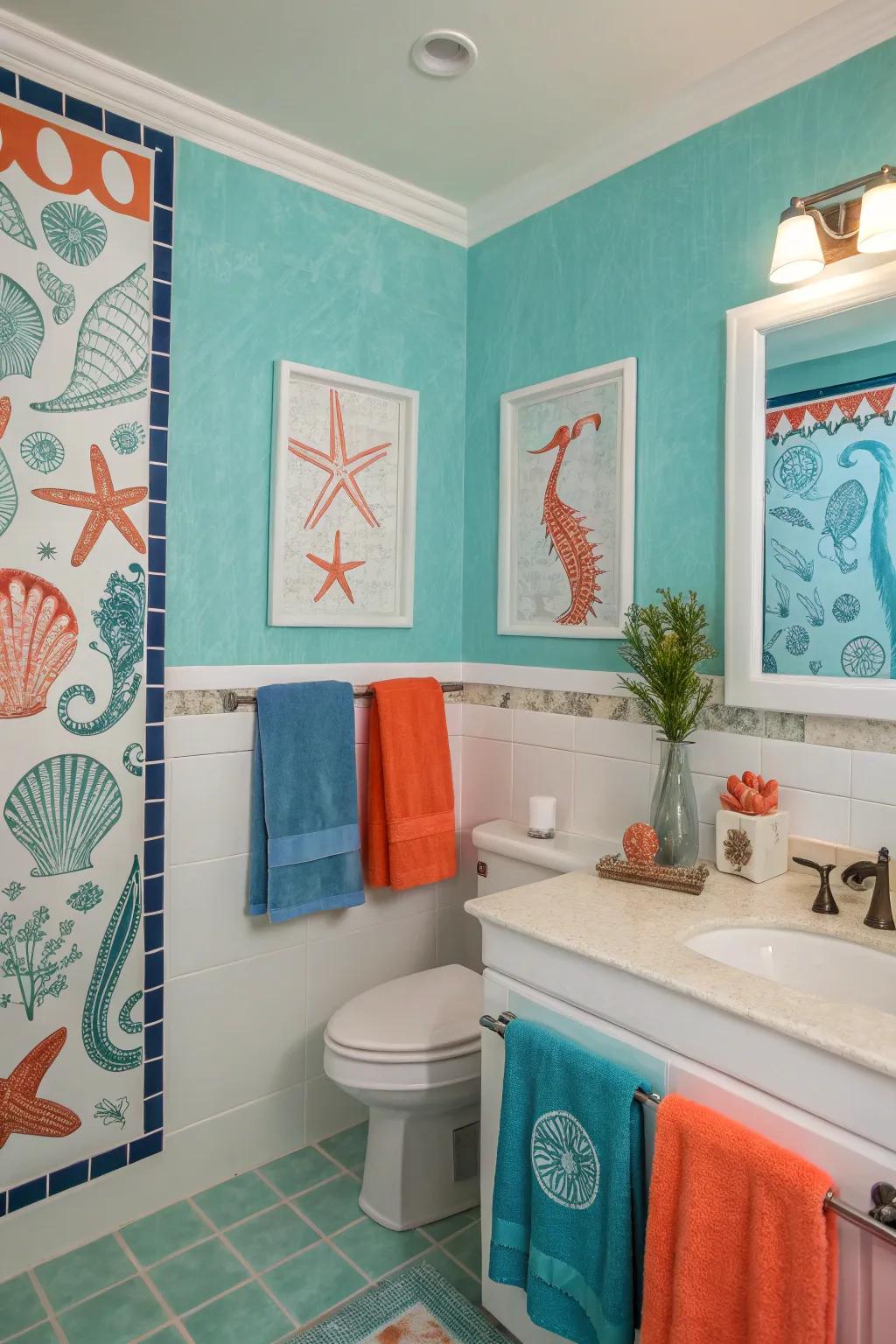 A bathroom reimagined with serene ocean colors and coral details.