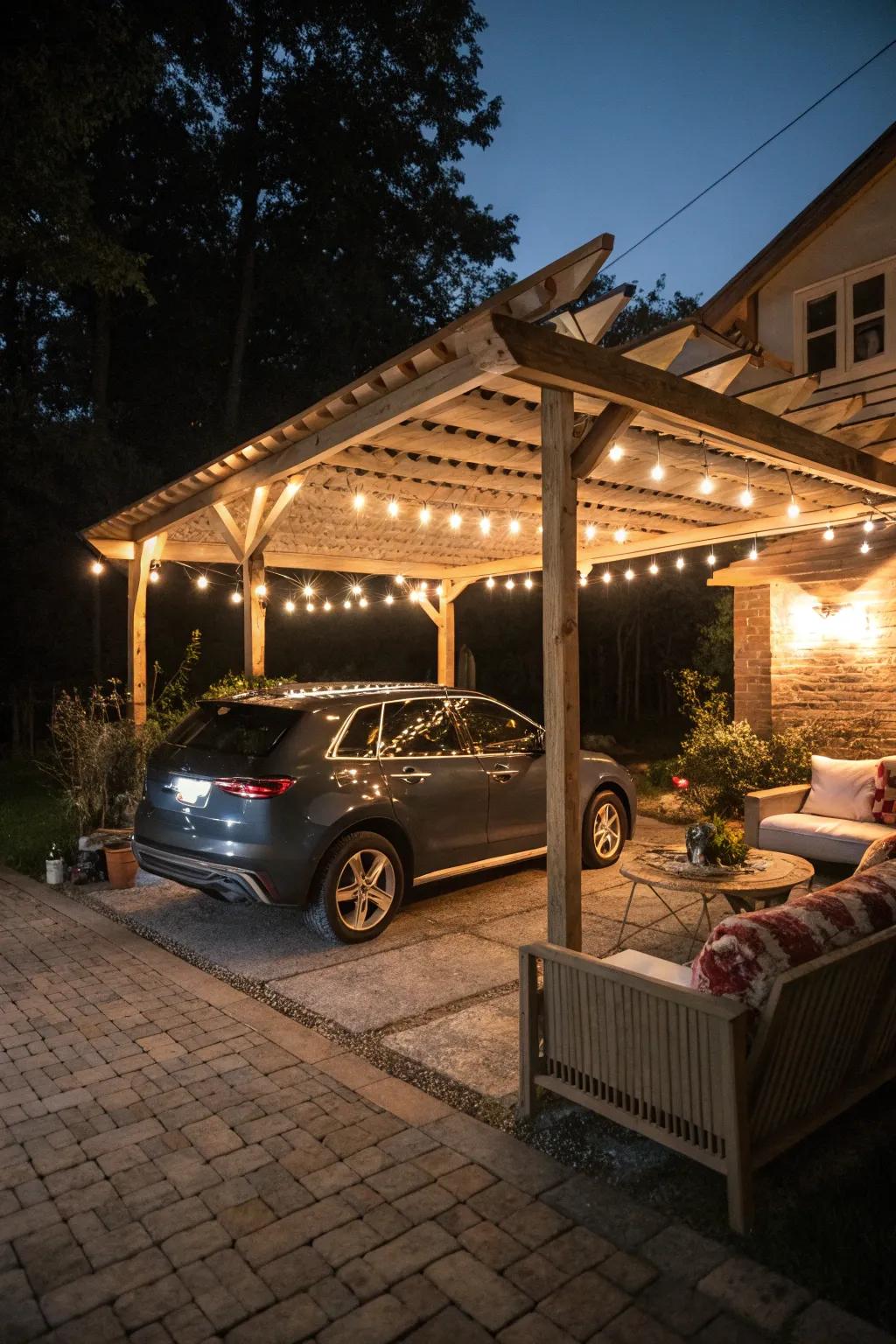 A versatile carport and pergola setup offers both car protection and an outdoor relaxation area.
