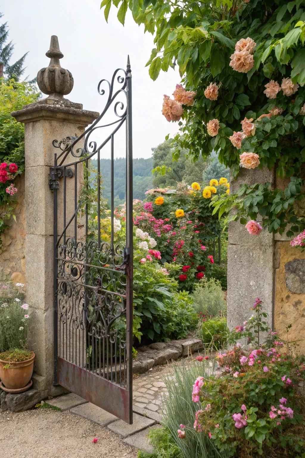 An enchanting hand-forged iron garden gate that draws you into a realm of natural splendor.
