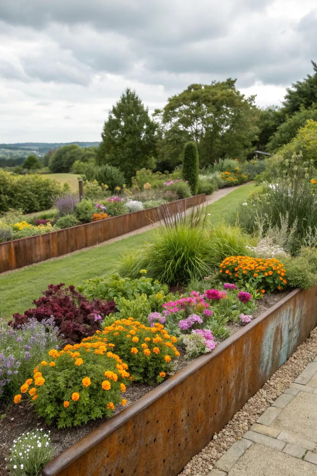 Weathered steel edging introduces a rustic element to your garden beds.