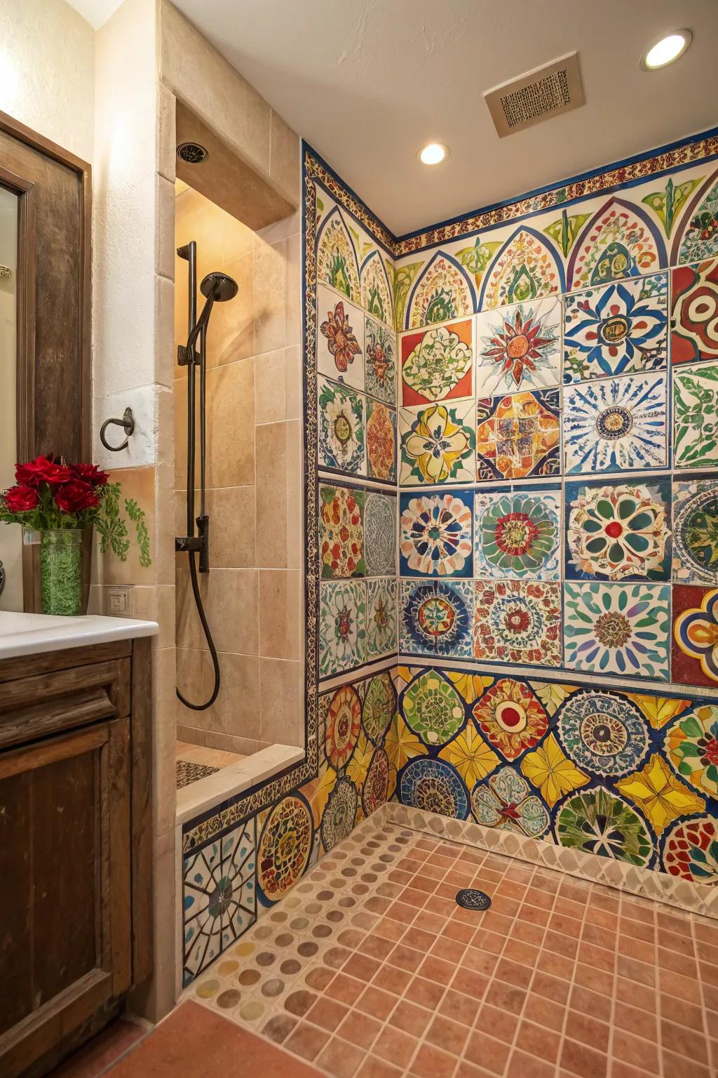 A bathroom highlighted with radiant Talavera tiles.