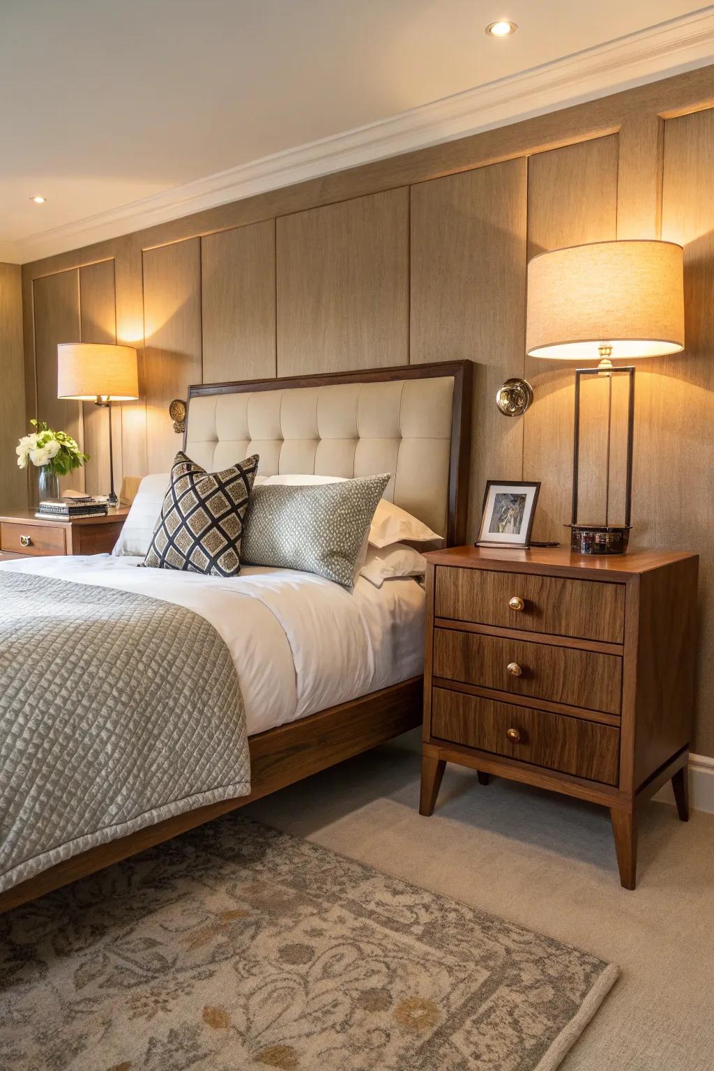 A mid-century modern bedroom showcasing a stunning pecan headboard and stylish maple bedside tables.