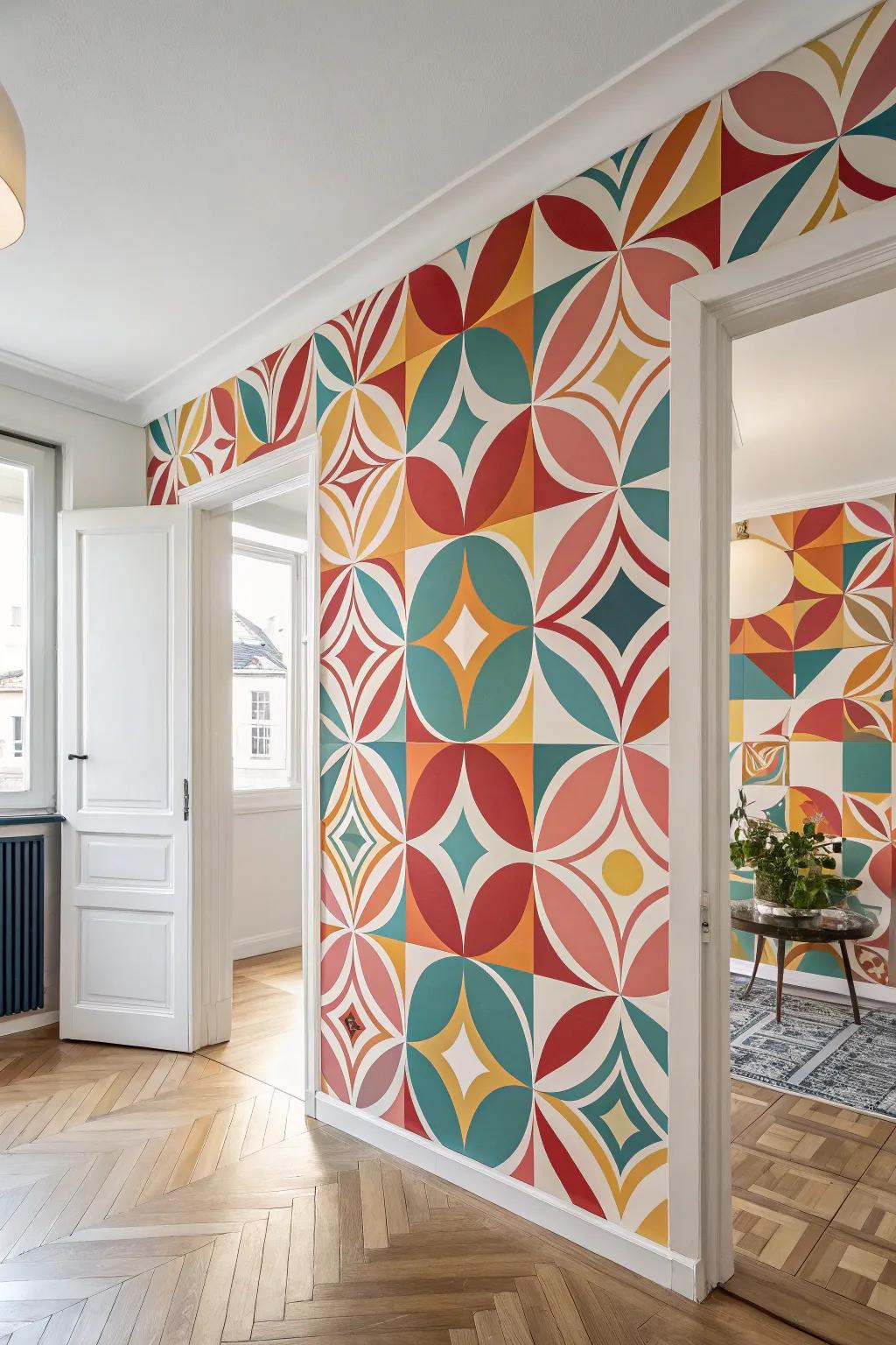 A room that showcases bold geometric mid-century wallpaper with abstract forms.