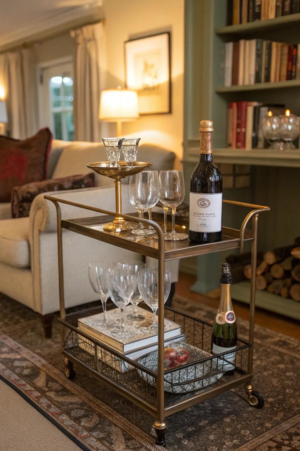 A vintage-inspired bar cart brings both allure and adaptability to any room.