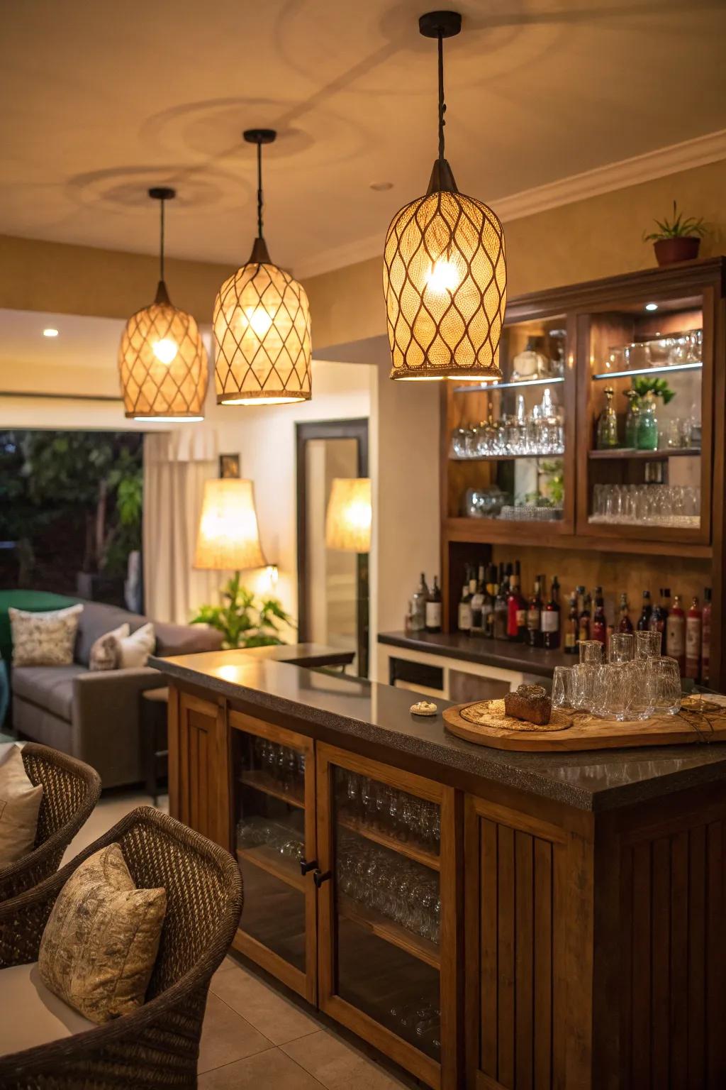 Soft ambient lighting creates a welcoming atmosphere in the home bar.