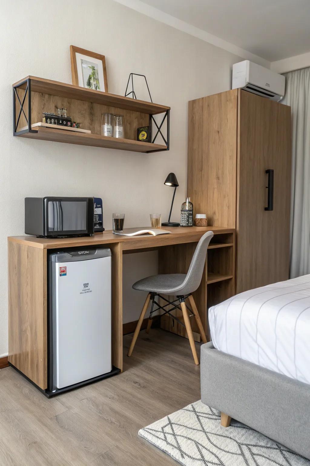 A miniature refrigerator skillfully situated under a desk within a modern bedroom setting.