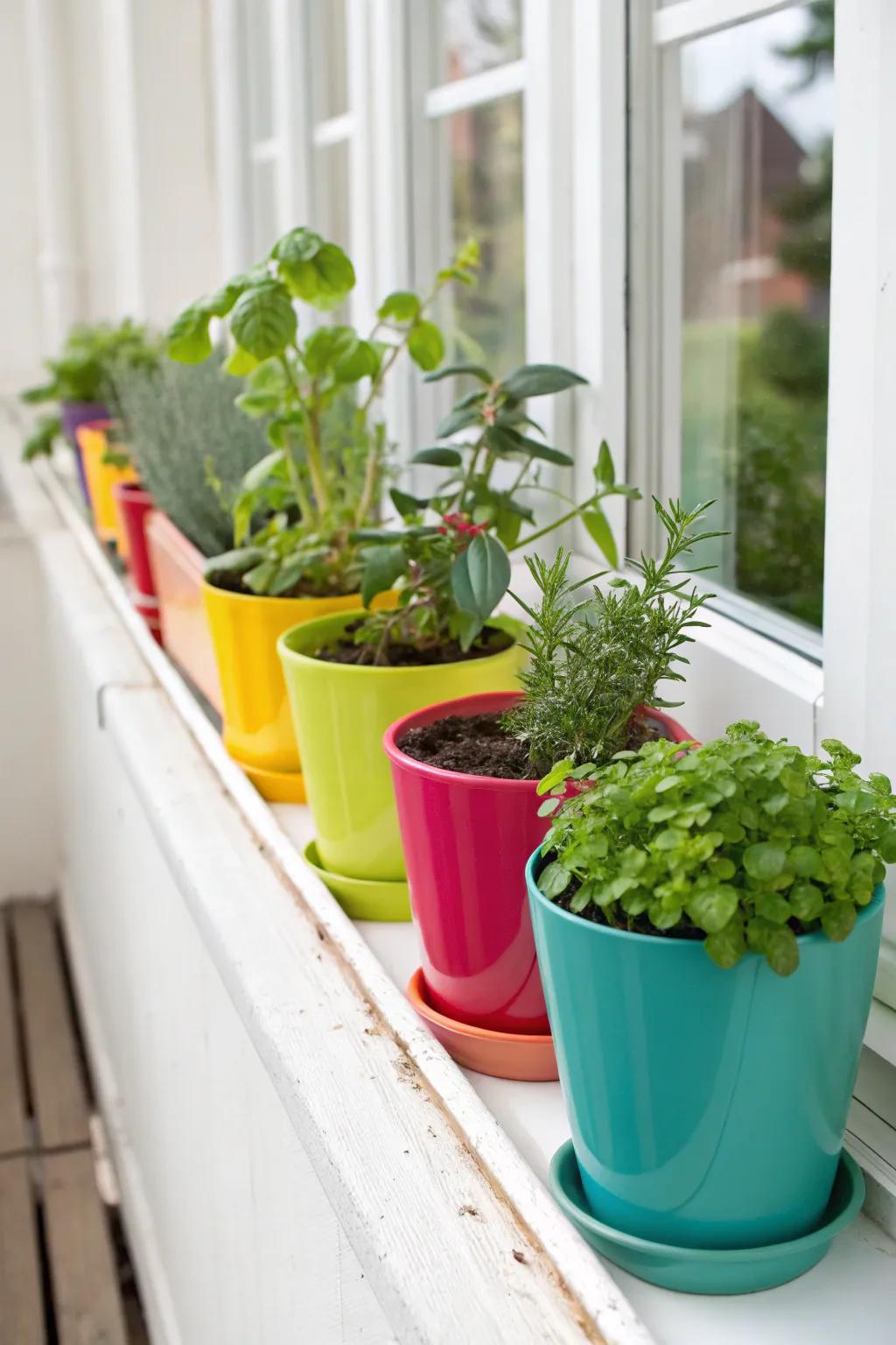 A vibrant assortment of small, colorful containers brimming with verdant plants, displayed beautifully on a windowsill.