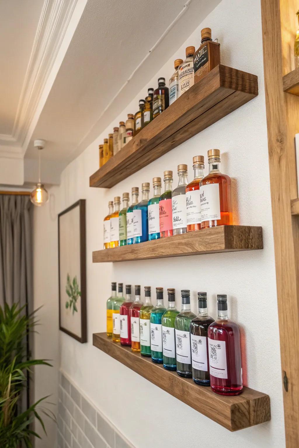 Floating shelves showcasing a curated assortment of mini liquor bottles in an elegant manner.