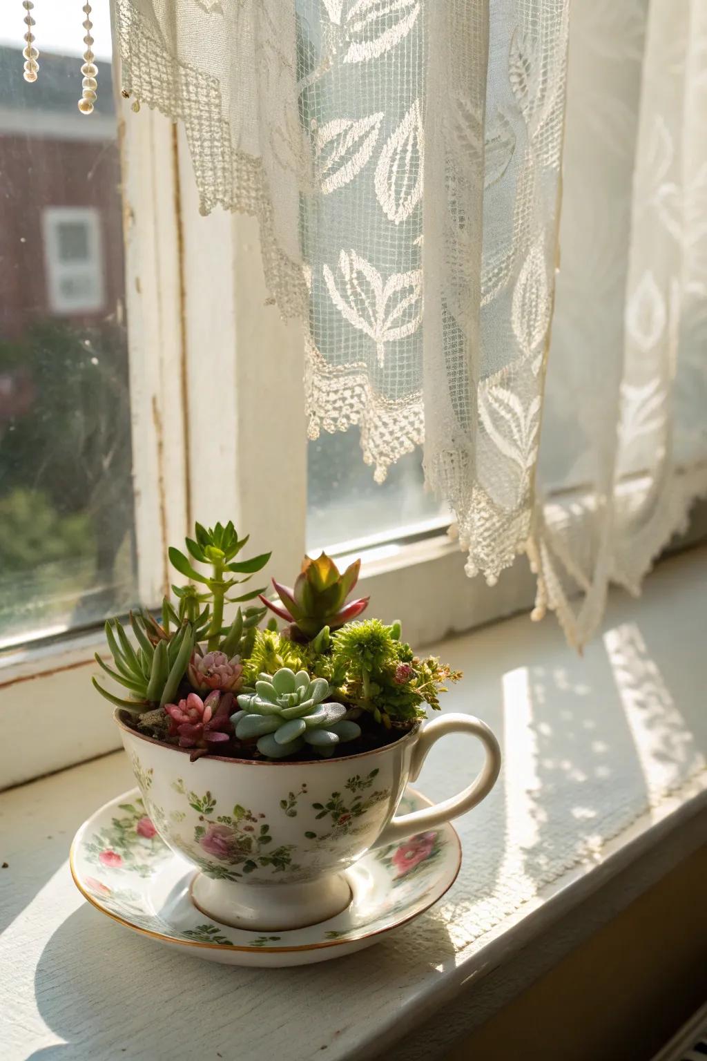 A vintage teacup transforms into a whimsical succulent garden.