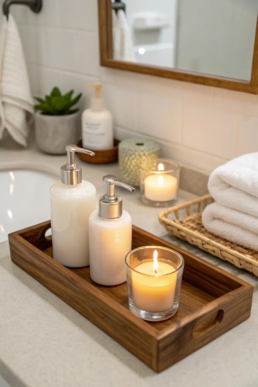 A wooden tray brings both organization and style to this minimalist bathroom counter.