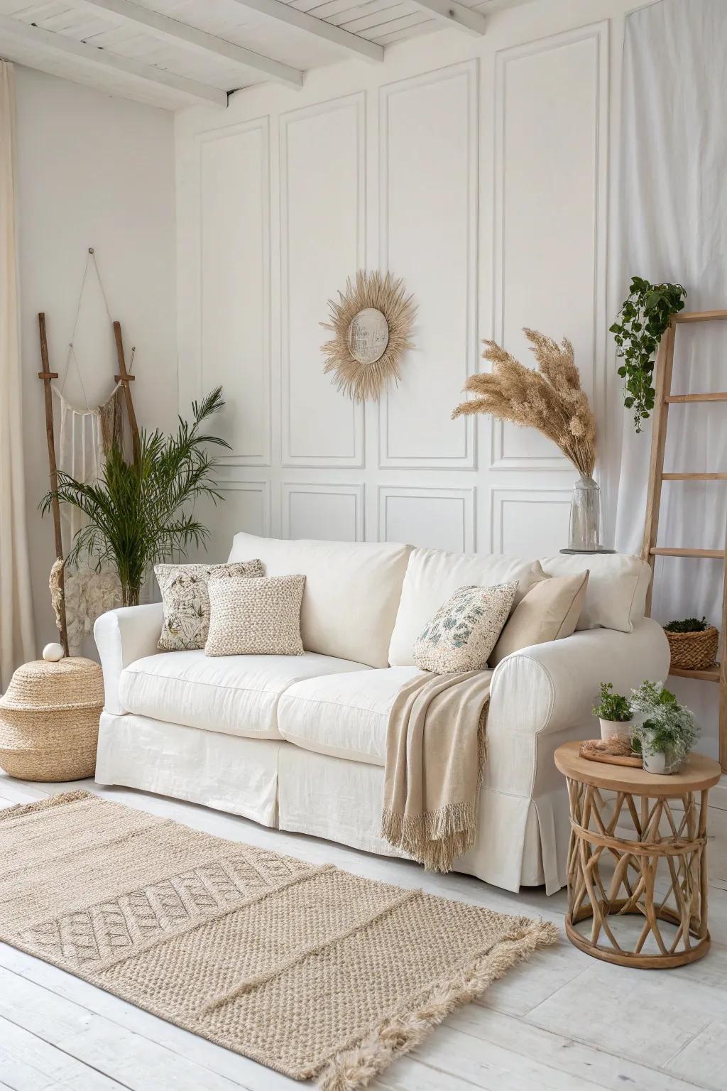 Neutral colors evoke a tranquil ambiance, perfect for a minimalist setting.