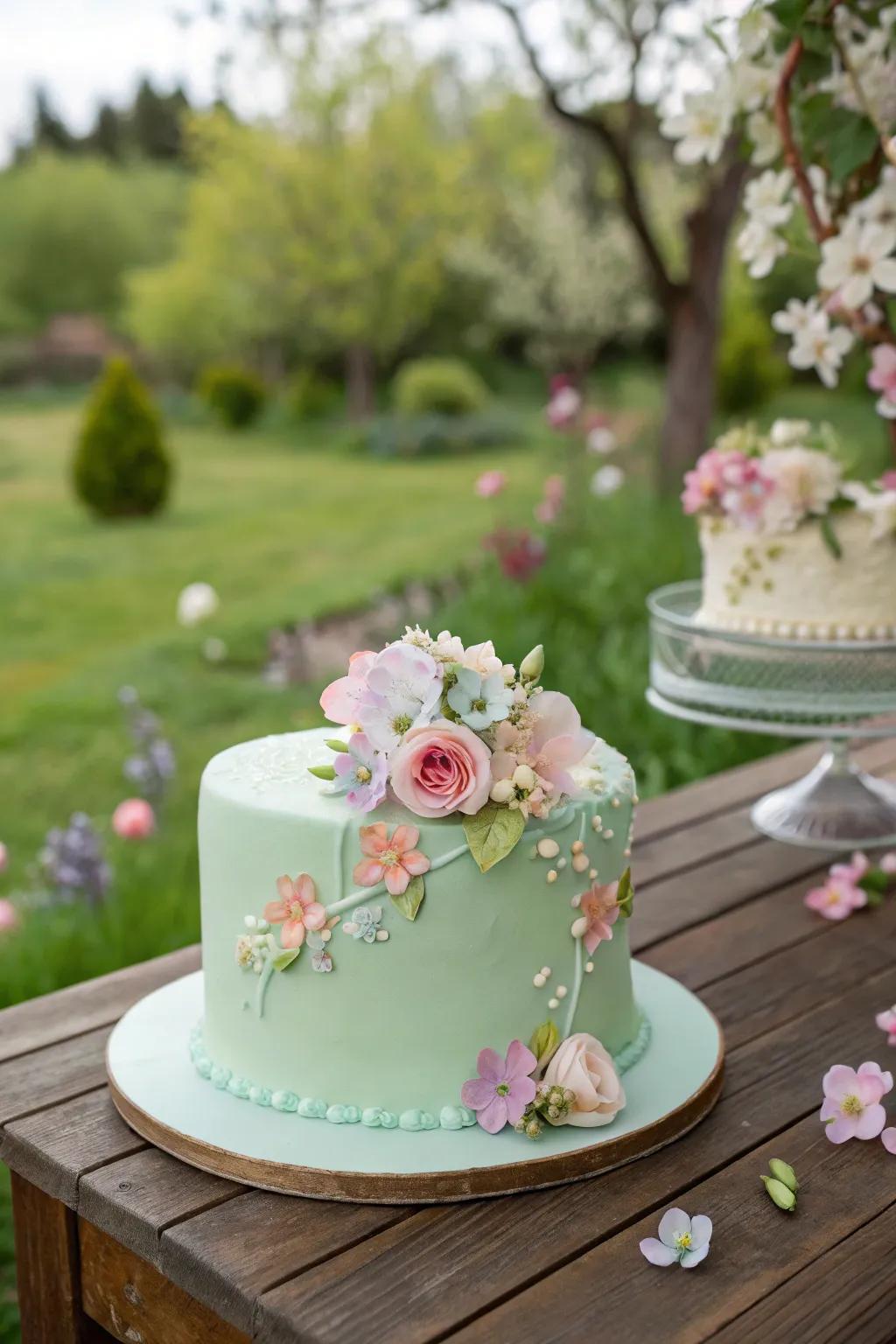 A chartreuse cake gracefully adorned with edible floral highlights.
