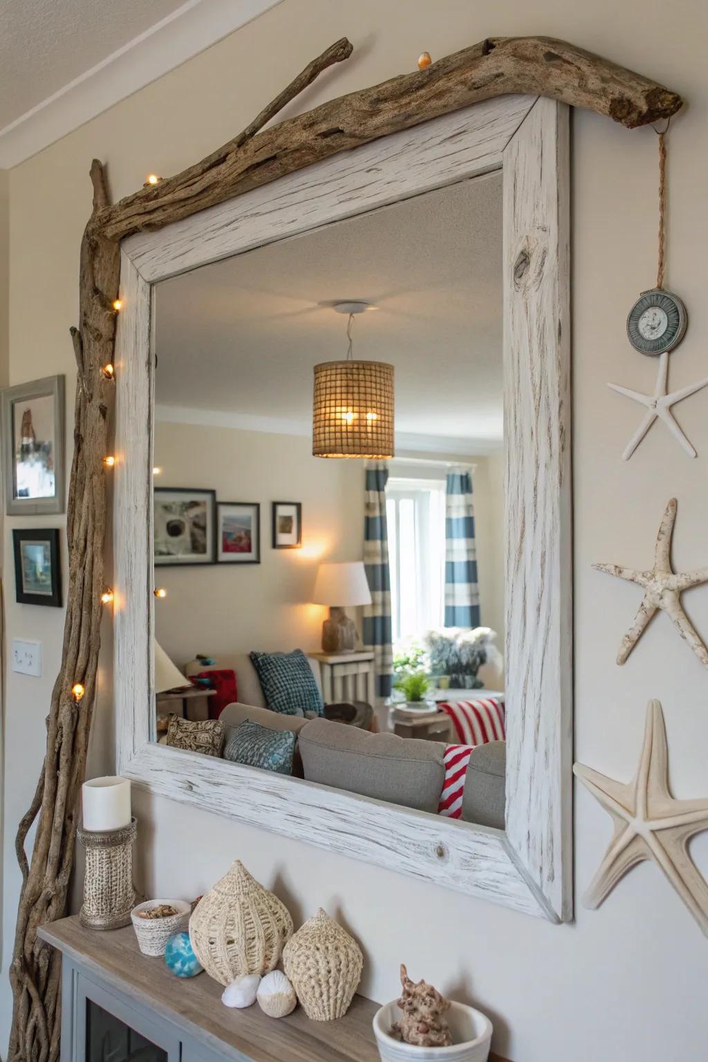 A mirror framed with driftwood, adding coastal charm to a living room.