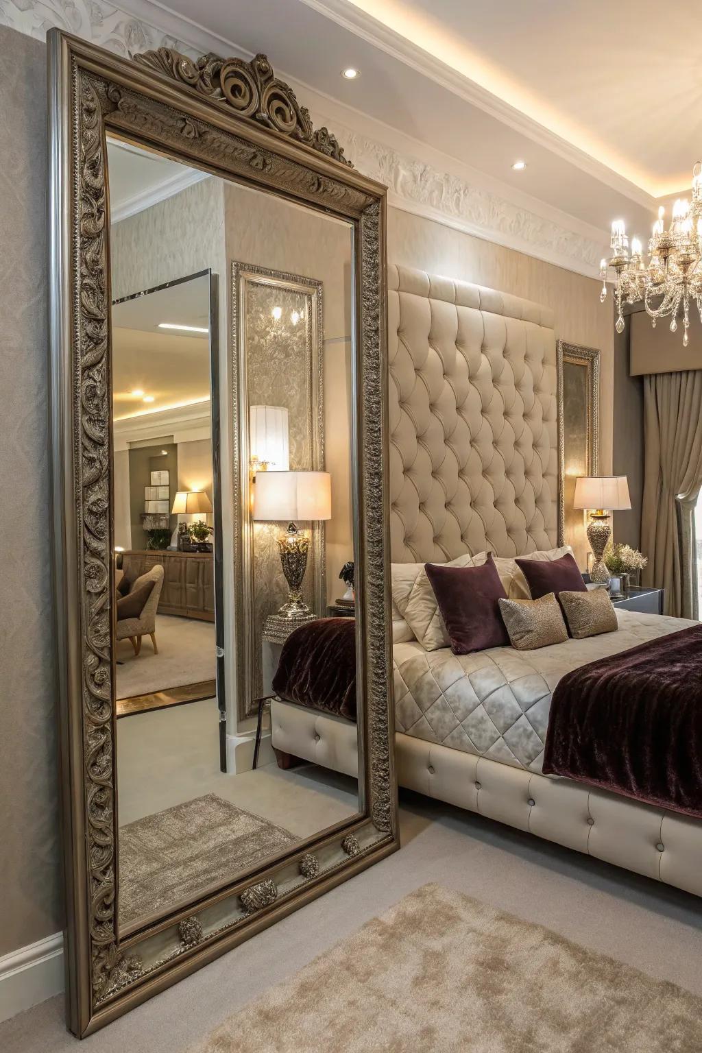 A dramatic mirror introduces flair and sophistication to your bedroom.