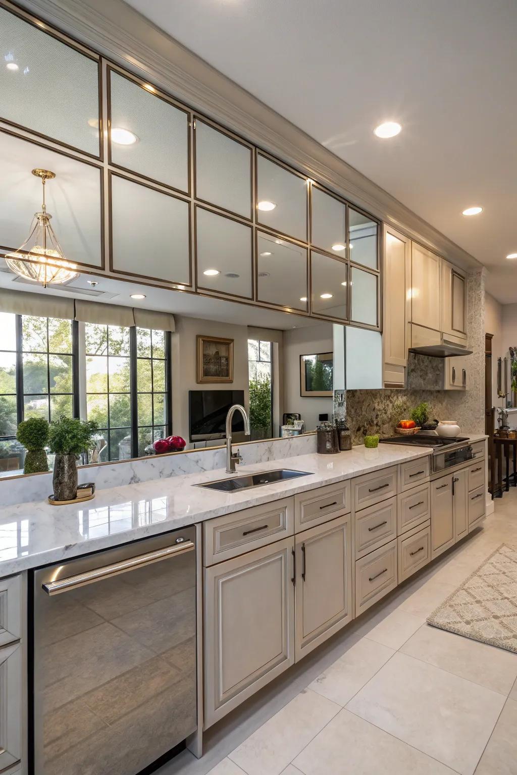 A kitchen featuring a mirrored backsplash that enhances both depth and brightness.