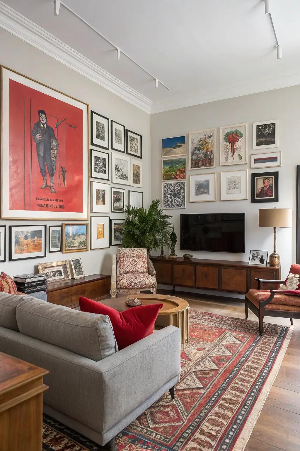 A gallery wall highlighted by a striking focal point.