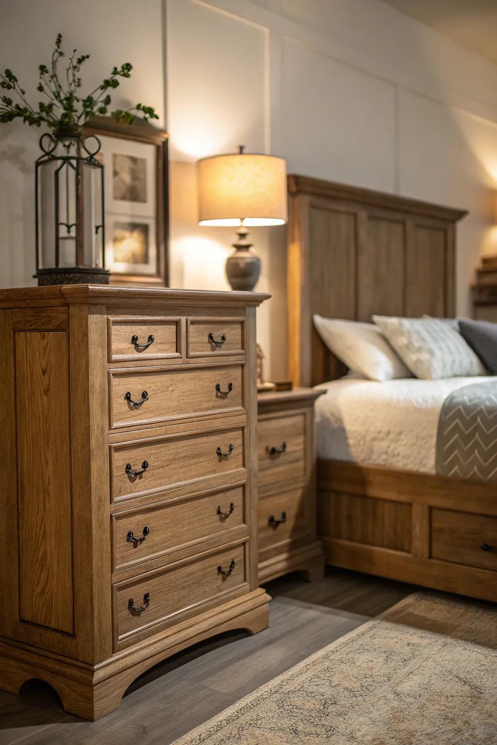 Contrasting wood shades establish visual appeal and balance.