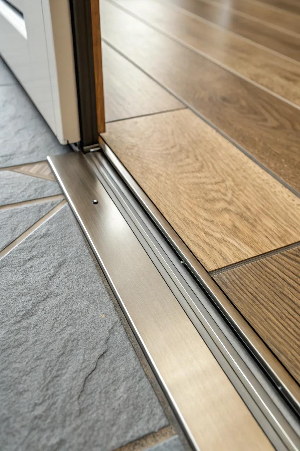 A sleek metallic connector smoothly joins tiled and hardwood flooring.