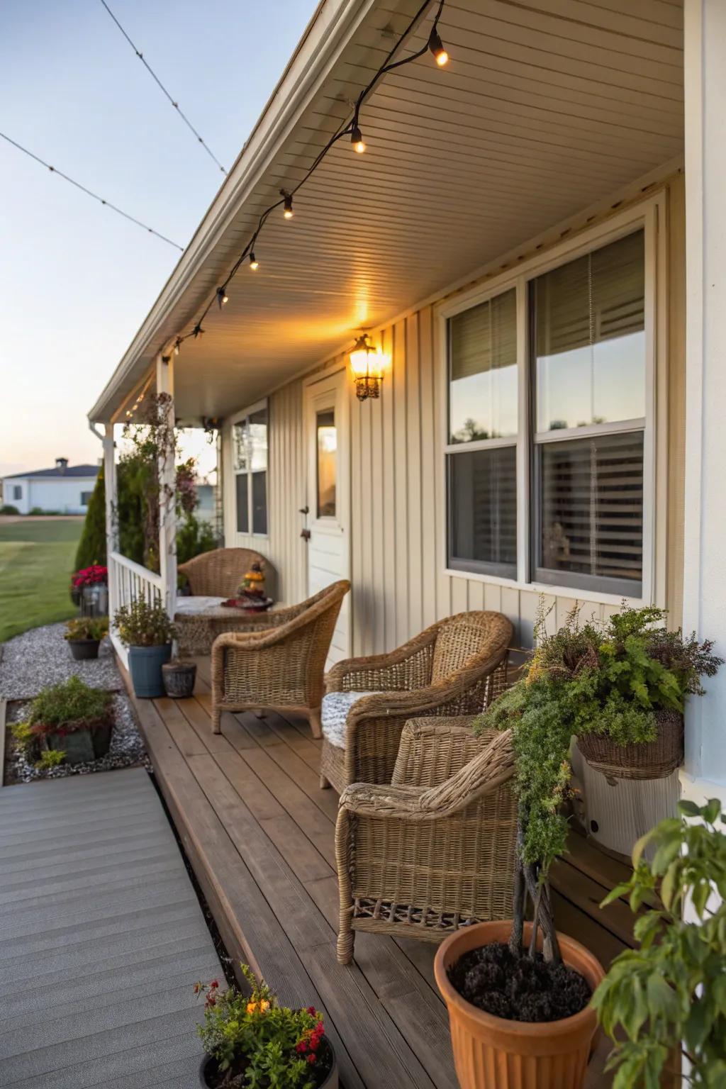 A welcoming veranda with rattan chairs and potted plants connected to a mobile home, creating a serene relaxation spot.