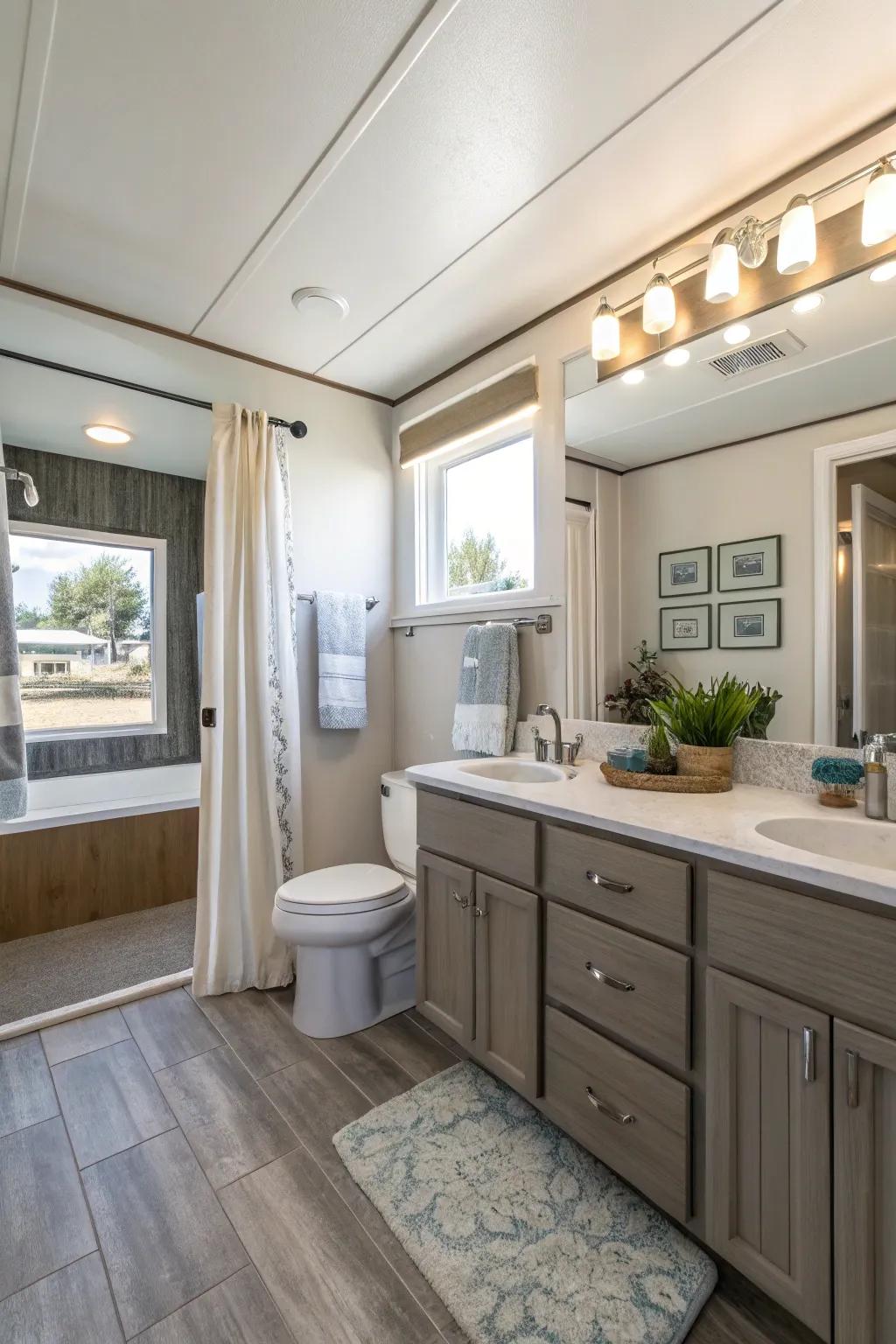 An expertly designed open-plan bathroom arrangement that maximizes every inch in a mobile home.