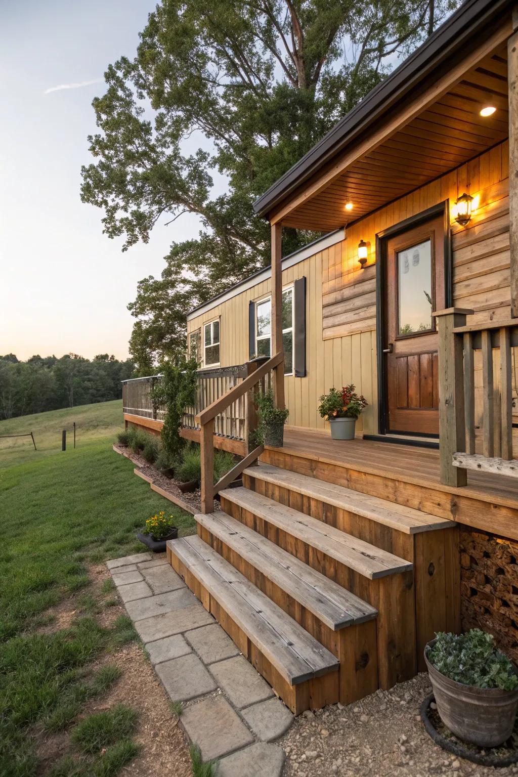 Country-style timber siding adds coziness and appeal to any mobile home.