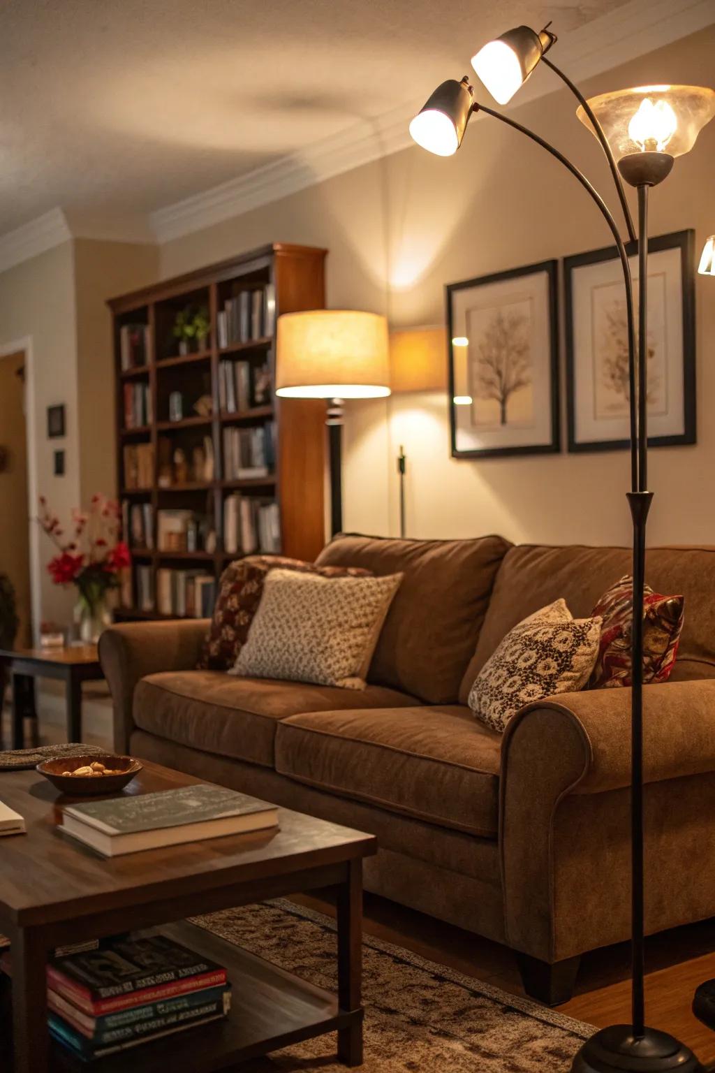 The warmth of the lighting enhances the snug feel around the chocolate-brown sofa.