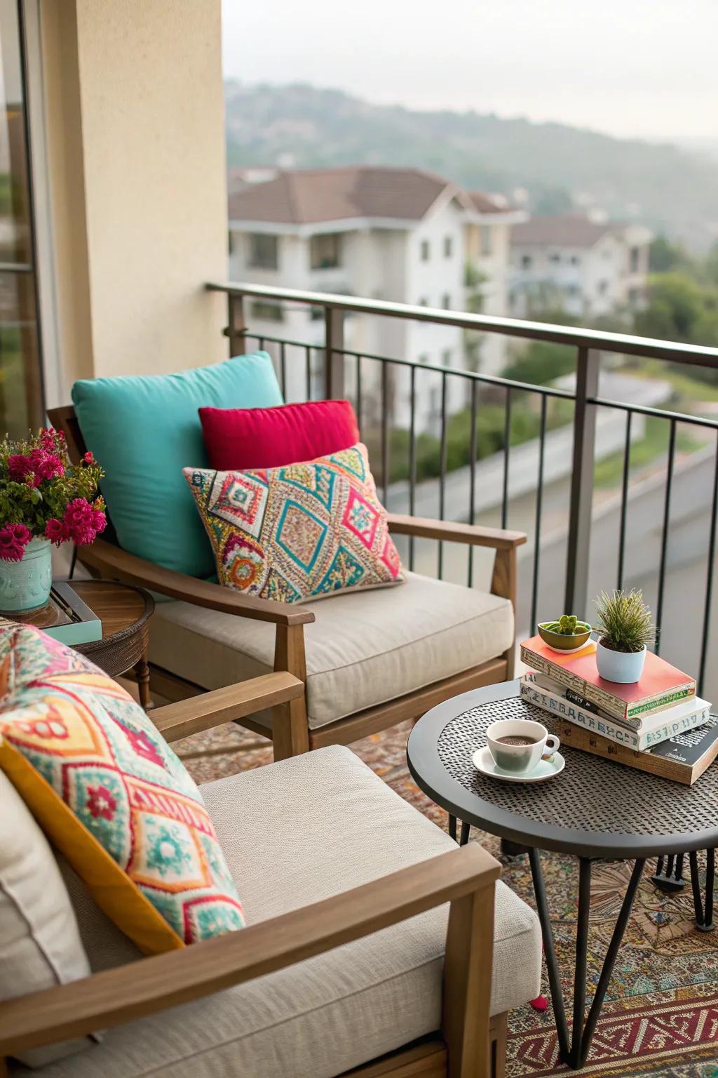 Design your comfortable space with cozy seating and a pop of color.