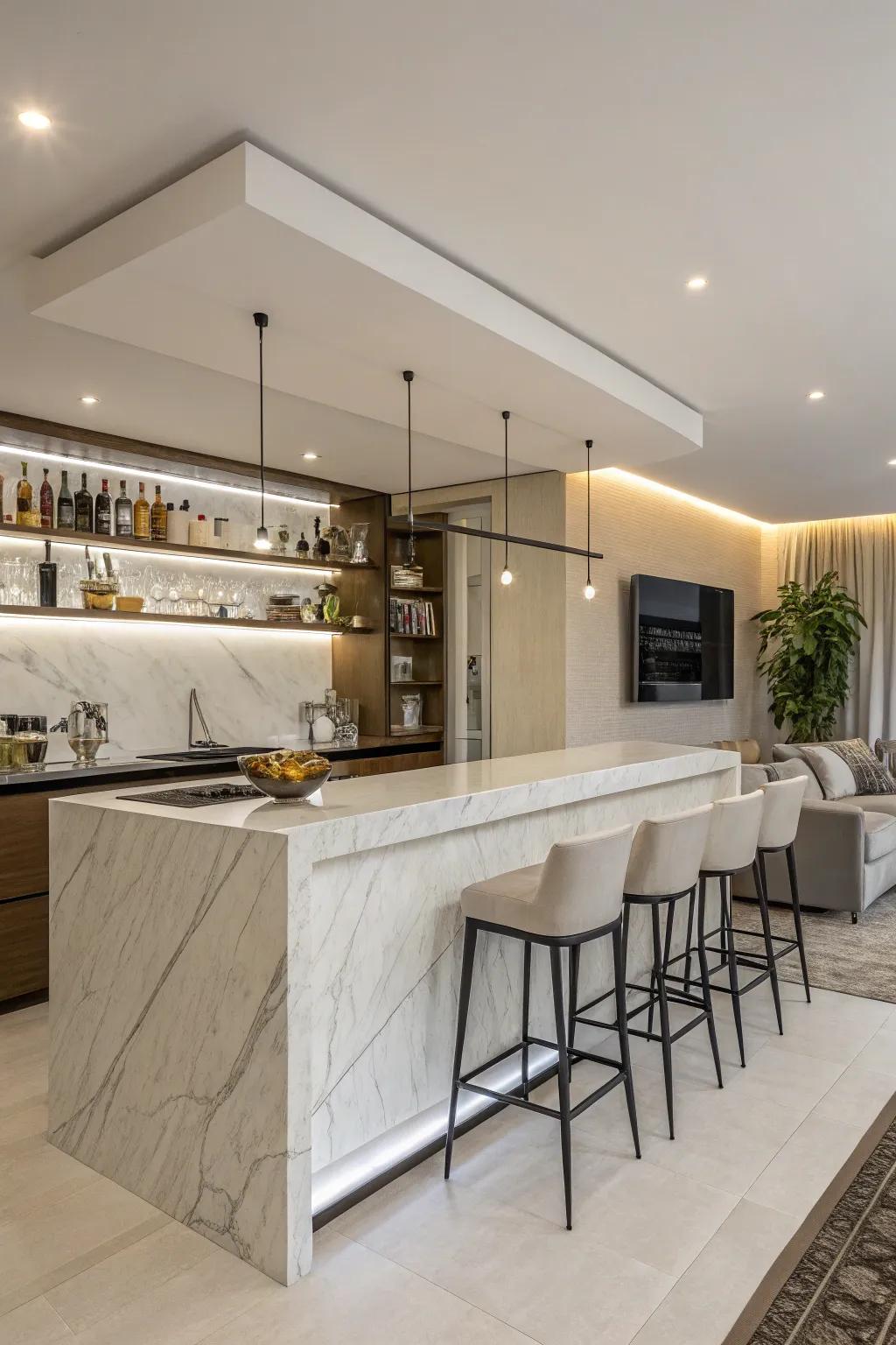 A streamlined home bar that emphasizes simplicity and smooth lines.