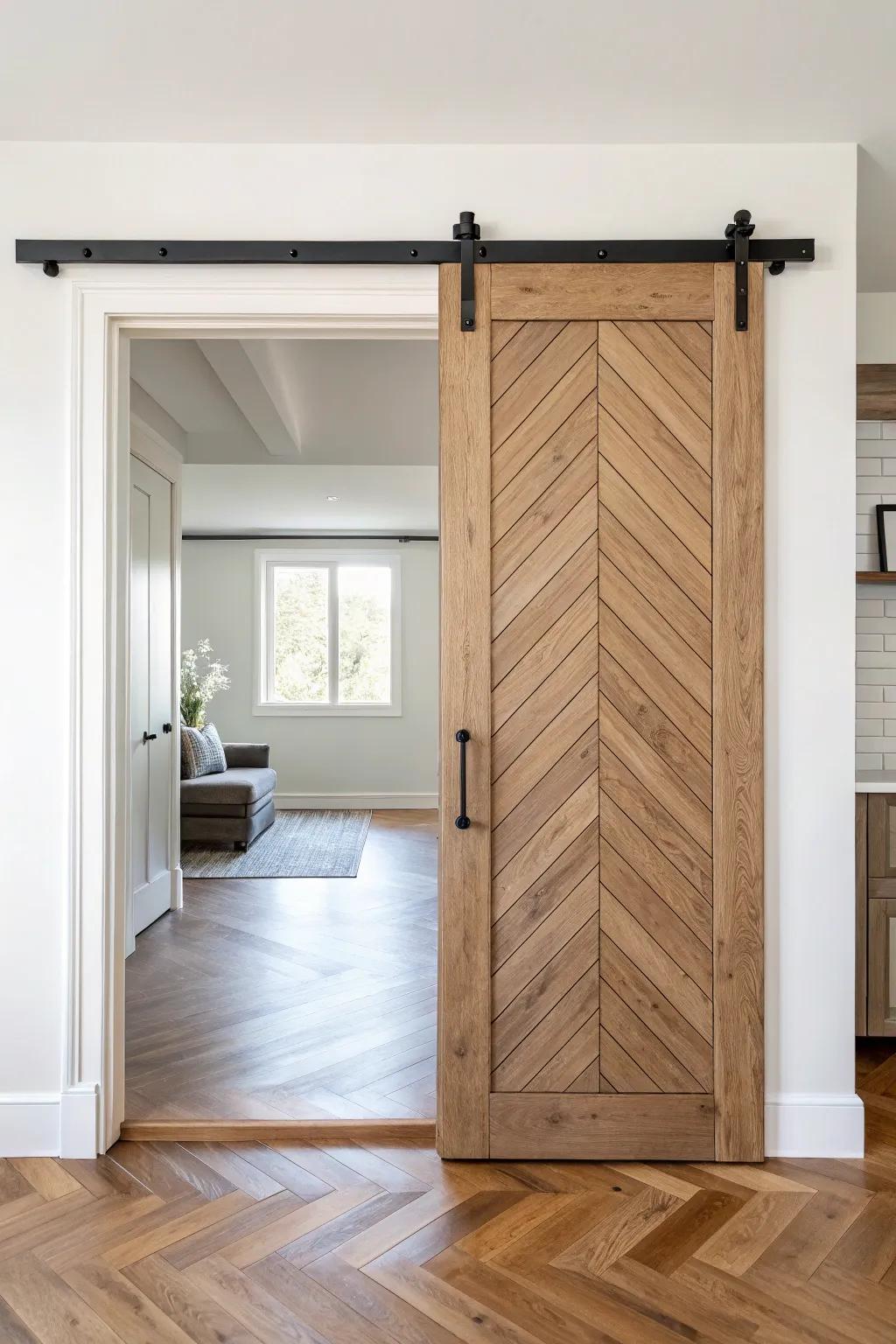 Herringbone patterns make a strong statement on a barn door, enhancing any room's decor.