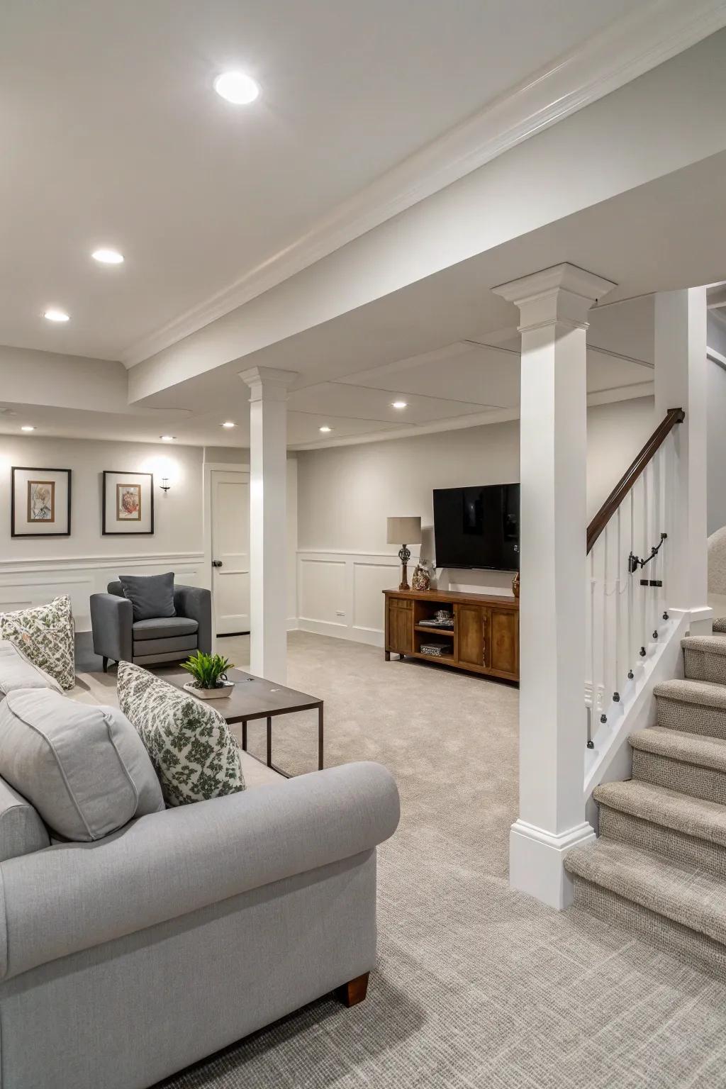 In your contemporary basement, neutral hues offer a flexible base.