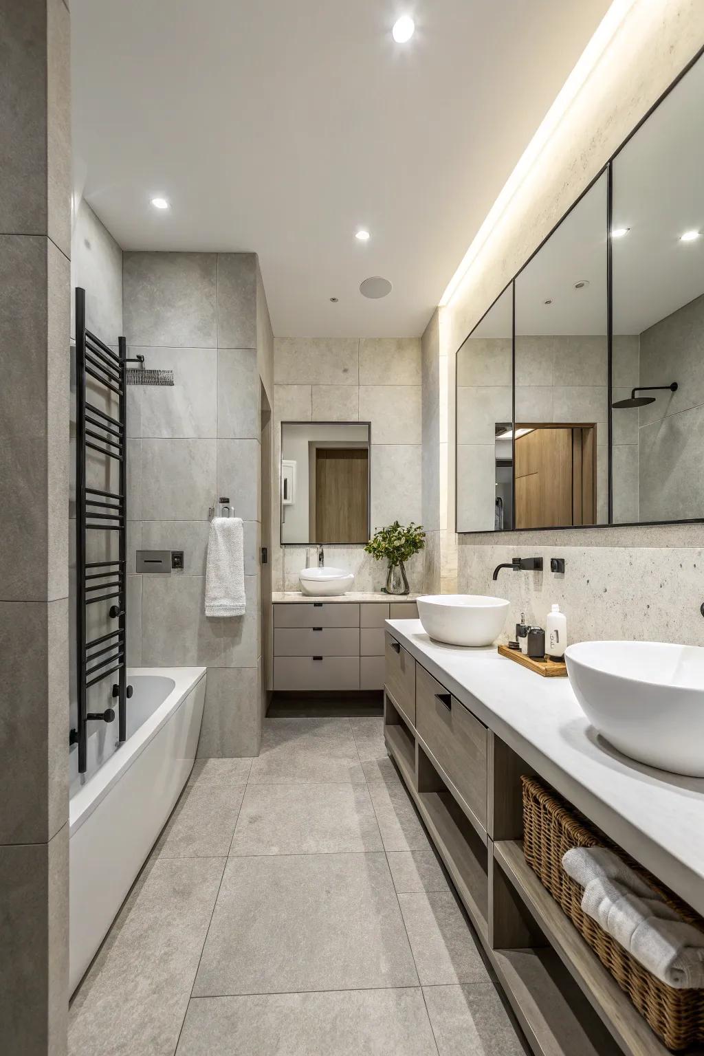 A modern bathroom displaying a peaceful neutral color scheme.