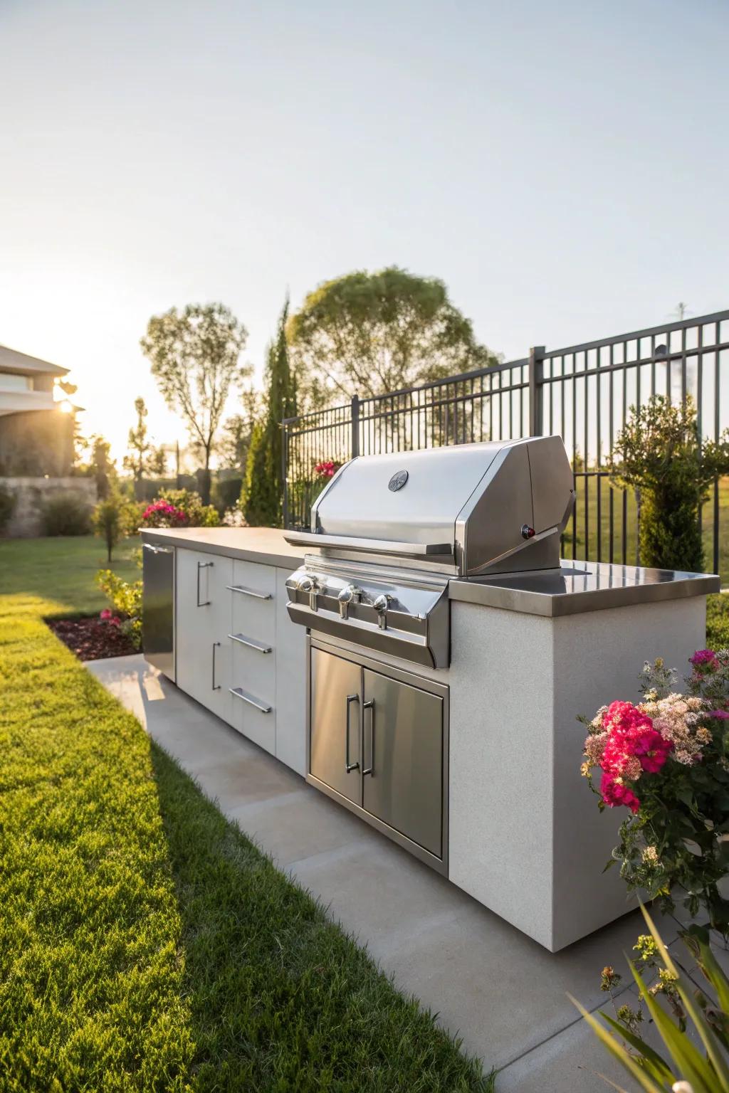 A stainless steel BBQ setup sparkling in the sunlight.