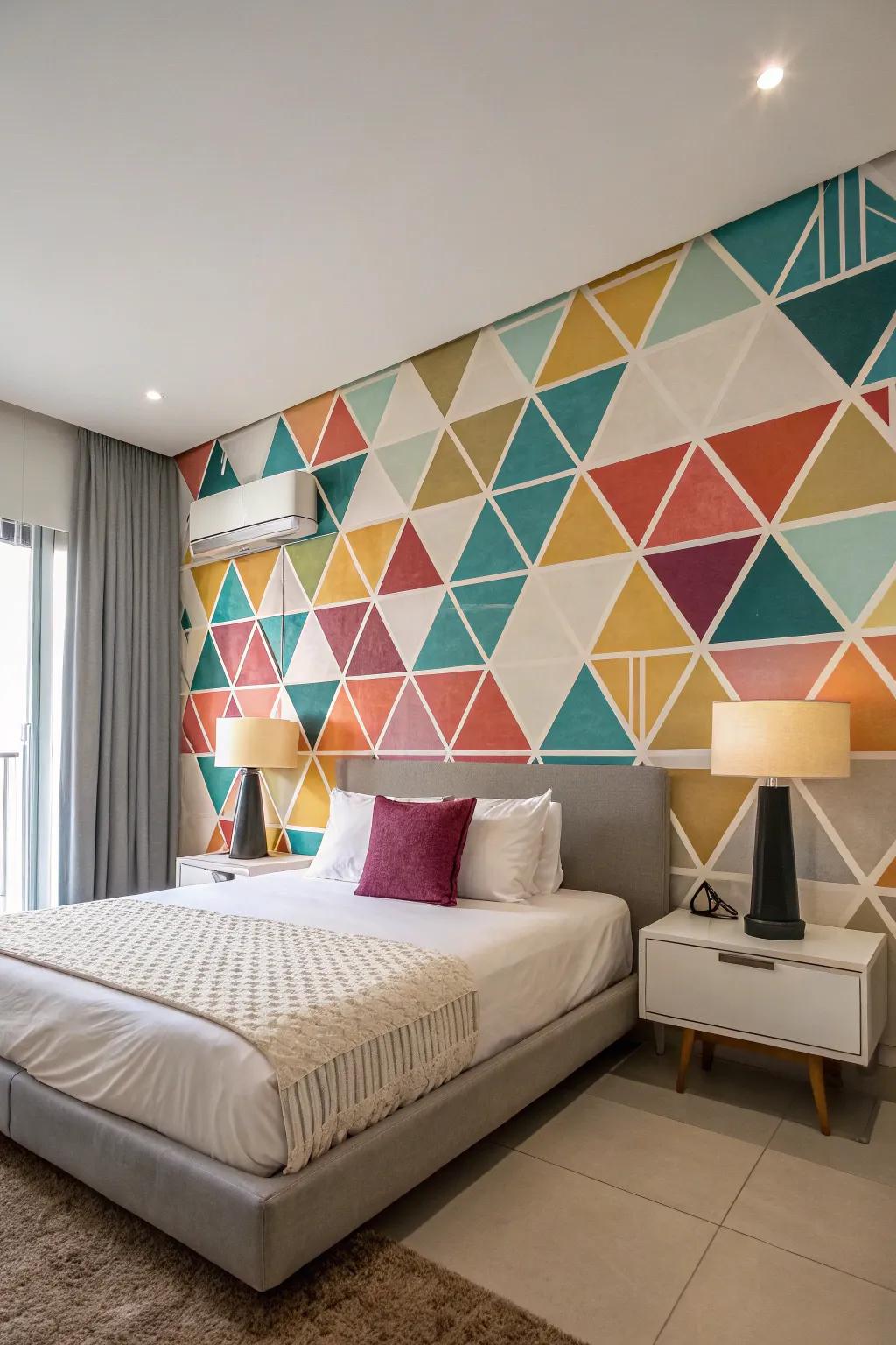 Geometric patterns infuse your bedroom with a lively and artistic touch.