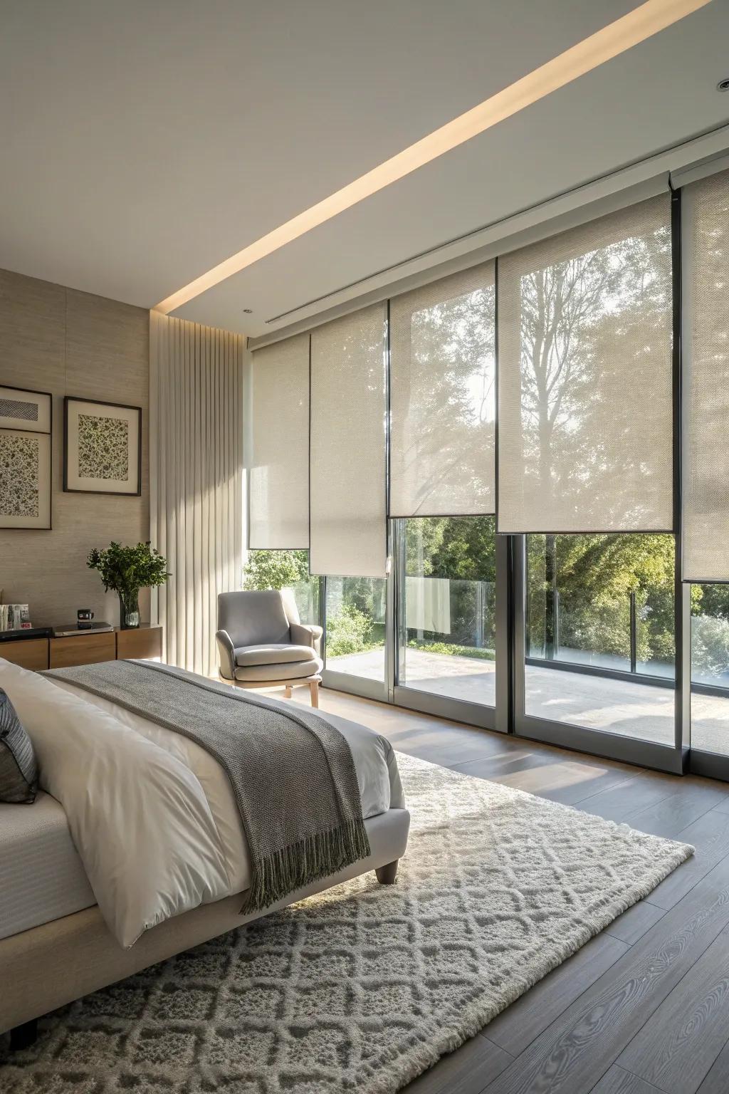 Sleek window rollers in a modern bedroom