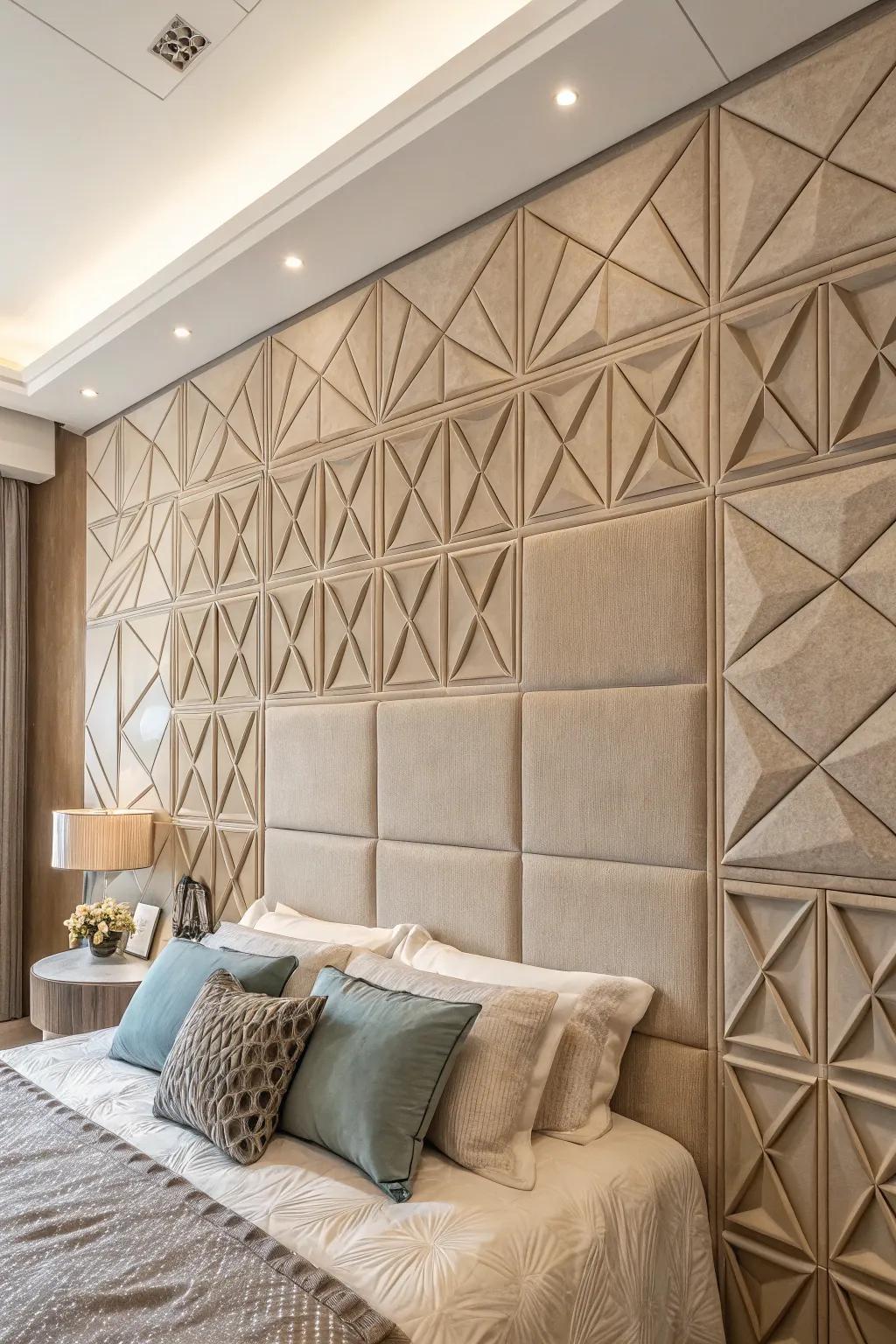 Geometric textured panels infuse this bedroom wall with depth and modern flair.
