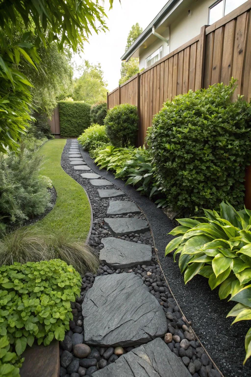 A pathway framed by elegant dark stones.