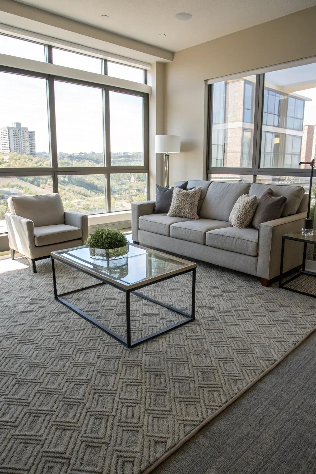 Living room featuring neutral gray and beige carpet, enhancing the modern decor.