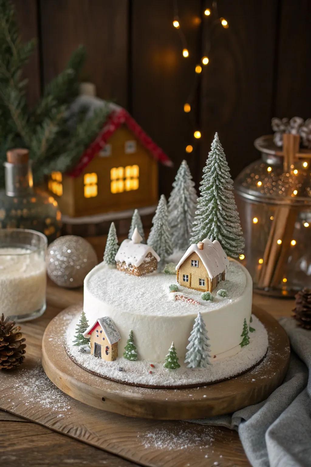 Christmas cake decorated with a miniature winter wonderland