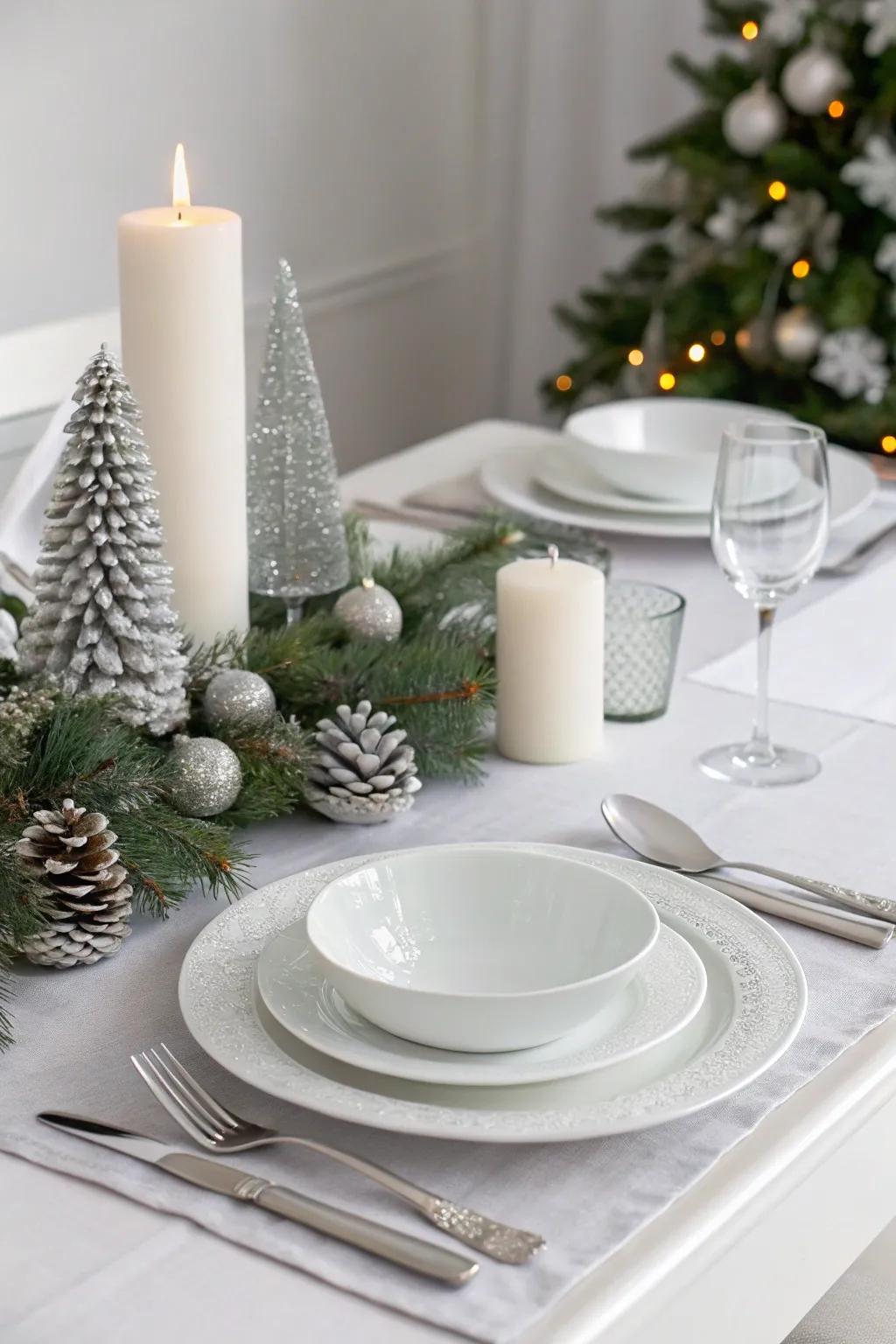 An understated Christmas table display showcasing white and silver sophistication.