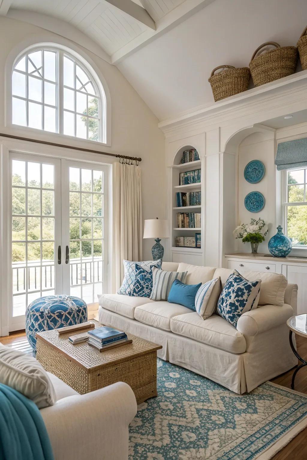 A gentle and muted coastal living area scheme.