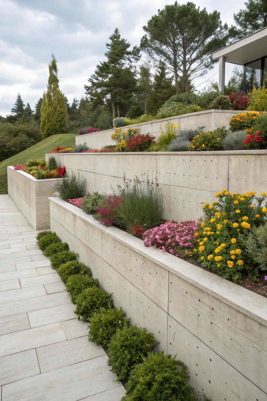 Minimalist concrete wall showcasing simple lines, ideal for a contemporary outdoor space.