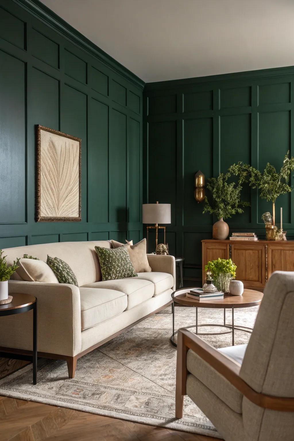 A deep green focus wall introduces a captivating point of interest to any living area.