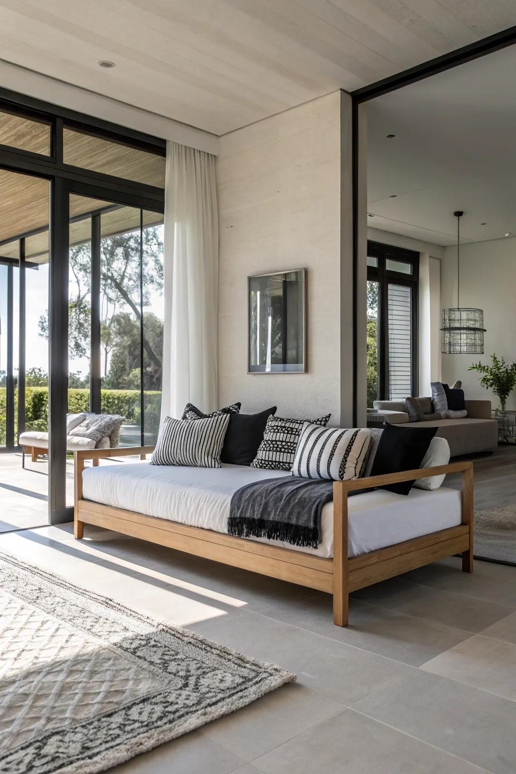 A minimalist daybed showcasing monochrome bedding for a polished, contemporary appearance.