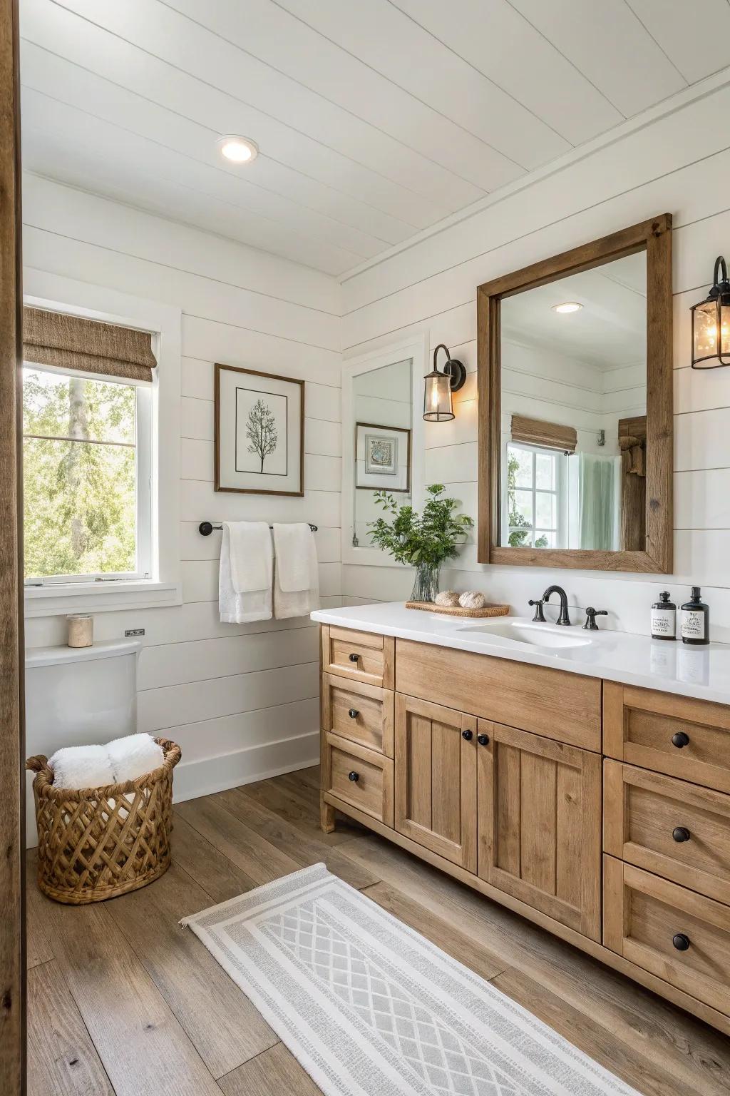 Muted shades create a serene ambiance in this farmhouse bathroom.