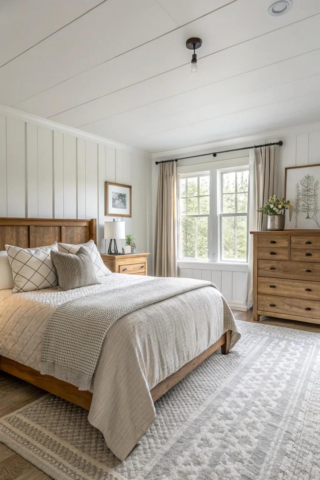 Neutral colors create a serene and peaceful ambiance in this farmhouse bedroom.