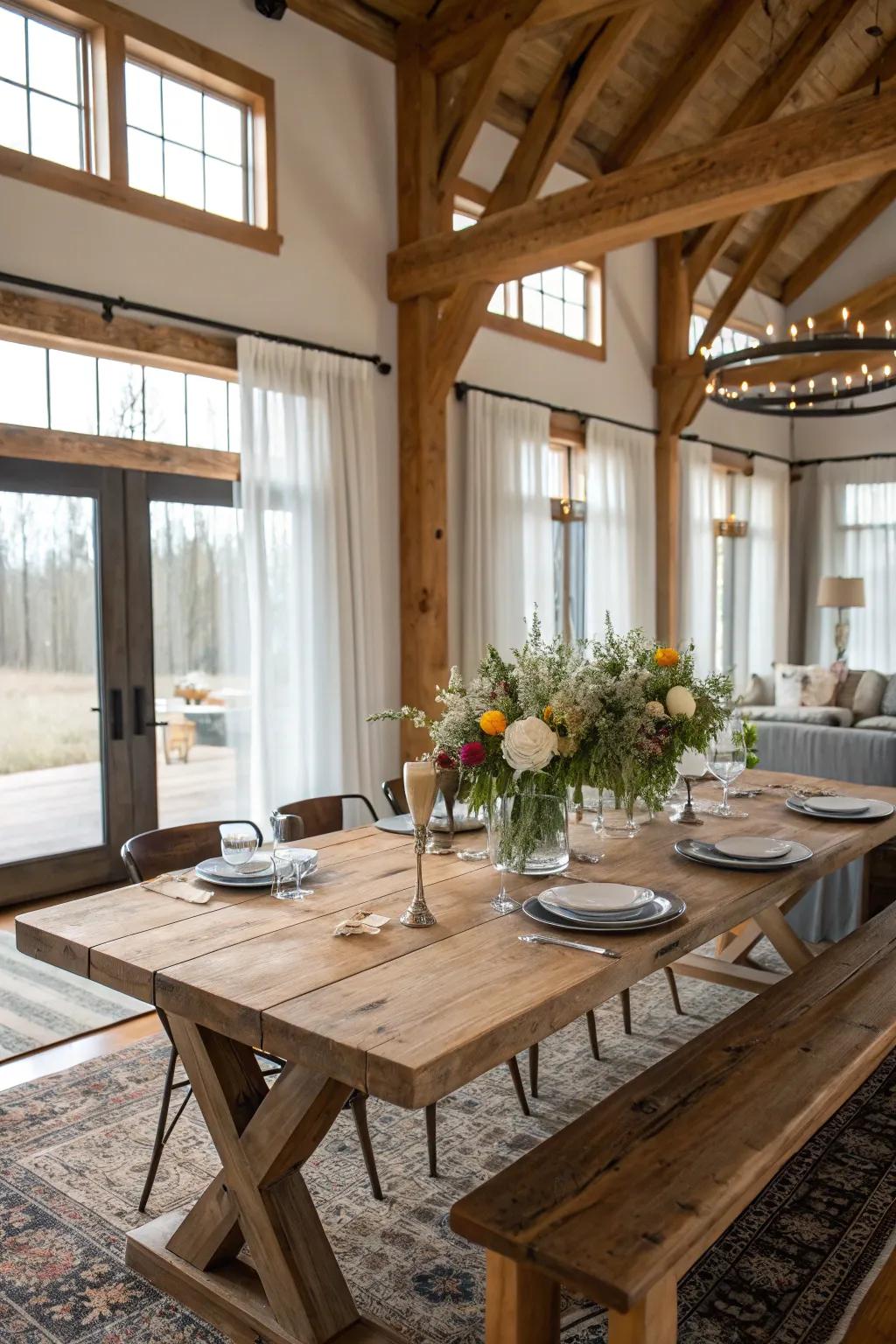 A rustic wooden table provides the foundation for your farmhouse dining area.