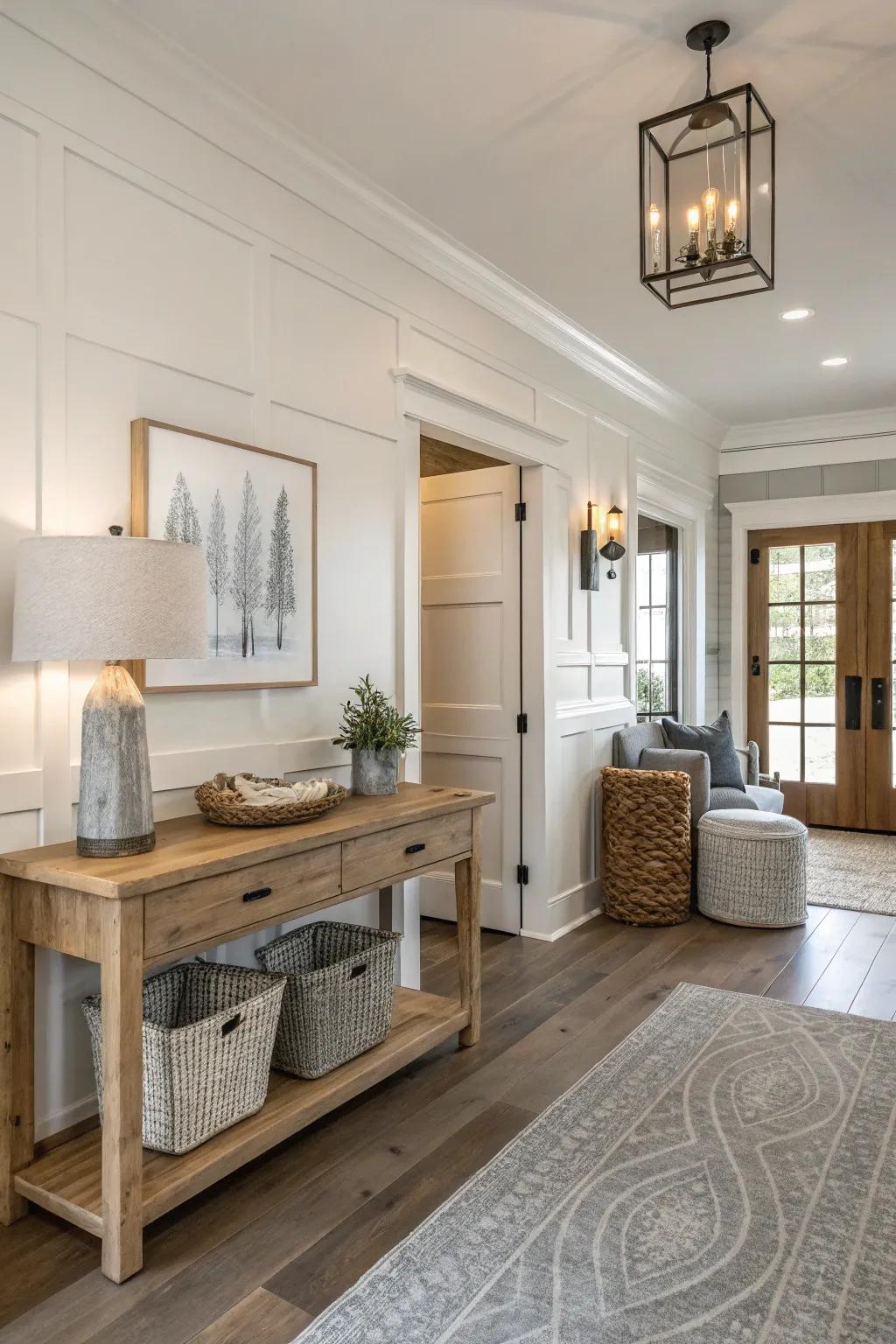 Soft shades establish a tranquil atmosphere in this farmhouse entryway.